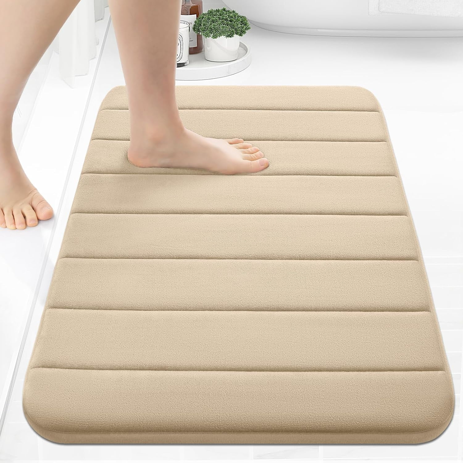 BAILU Memory Foam Bath Mat 24x16, Ultra Soft and Absorbent Bathroom Rugs, Non-Slip, Machine Wash Dry, Thick Bath Rug Carpet for Bathroom Floor, Sink and Shower, Beige