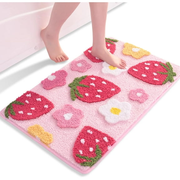 BAILU Pink Bathroom Rugs Cute Strawberry Flower Bath Mat Bathroom Accessories, Funny Colorful Non Slip Floor Bath Rug Machine Washable Bathmat Soft Microfiber Carpet for Shower, Bathtub (18x25 inch)