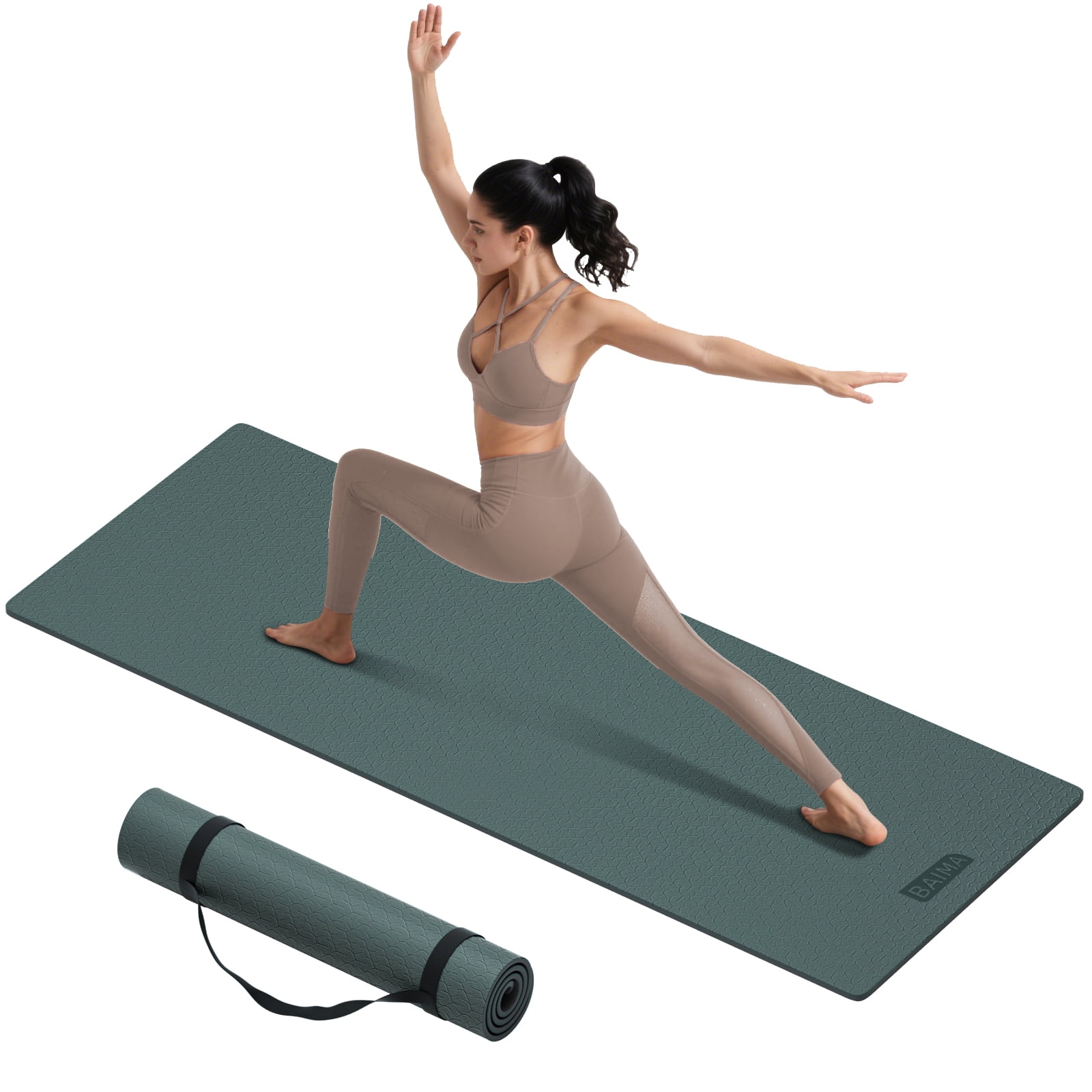 BAIMA Large Yoga Mat Thick Extra Wide and Long ,Roll-up Pilates Mats ,Eco TPE Double-Sided Exercise Pad with Carry Strap(Darkgreen+Grey)