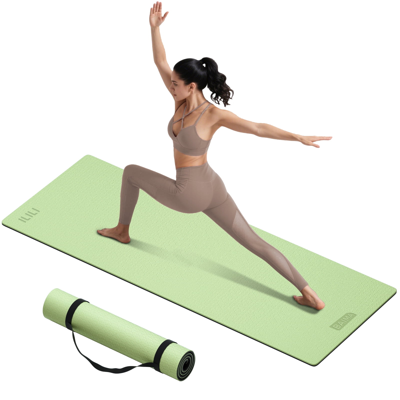 BAIMA Large Yoga Mat Thick Extra Wide and Long ,Roll-up Pilates Mats ,Eco TPE Double-Sided Exercise Pad with Carry Strap(Green+Black)