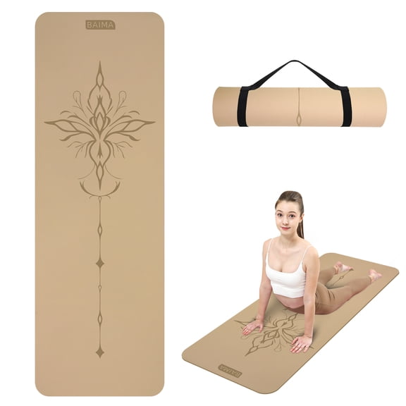 BAIMA Pilates Mat Thick 8mm, Roll-up TPE Yoga Mats Wide, Exquisite Pattern Design, Exercise Mats for Home Workout, Gym, office, Floor Exercise, 72"x 24"(Milkcoffee)