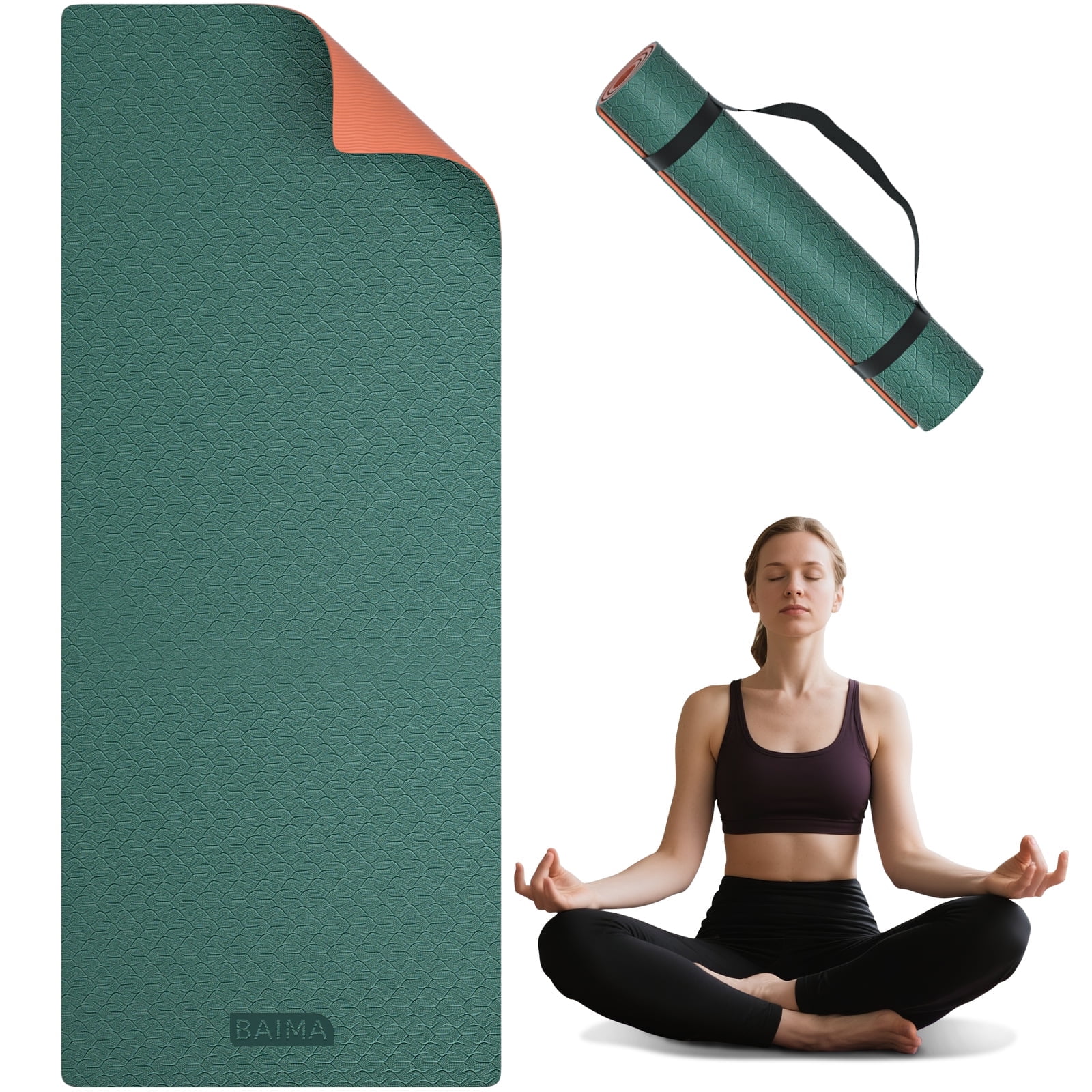 BAIMA TPE Yoga Mat - Tear-Resistant, Lightweight, Non-Slip Double-Sided Exercise Mat with Carry Strap(Green+Orange)