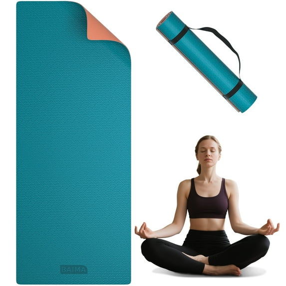 BAIMA TPE Yoga Mat - Tear-Resistant, Lightweight, Non-Slip Double-Sided Exercise Mat with Carry Strap(Lakeblue+Orange)