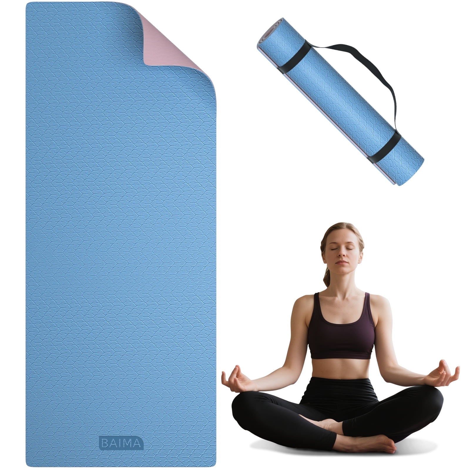 BAIMA TPE Yoga Mat - Tear-Resistant, Lightweight, Non-Slip Double-Sided Exercise Mat with Carry Strap(blue+Pink)