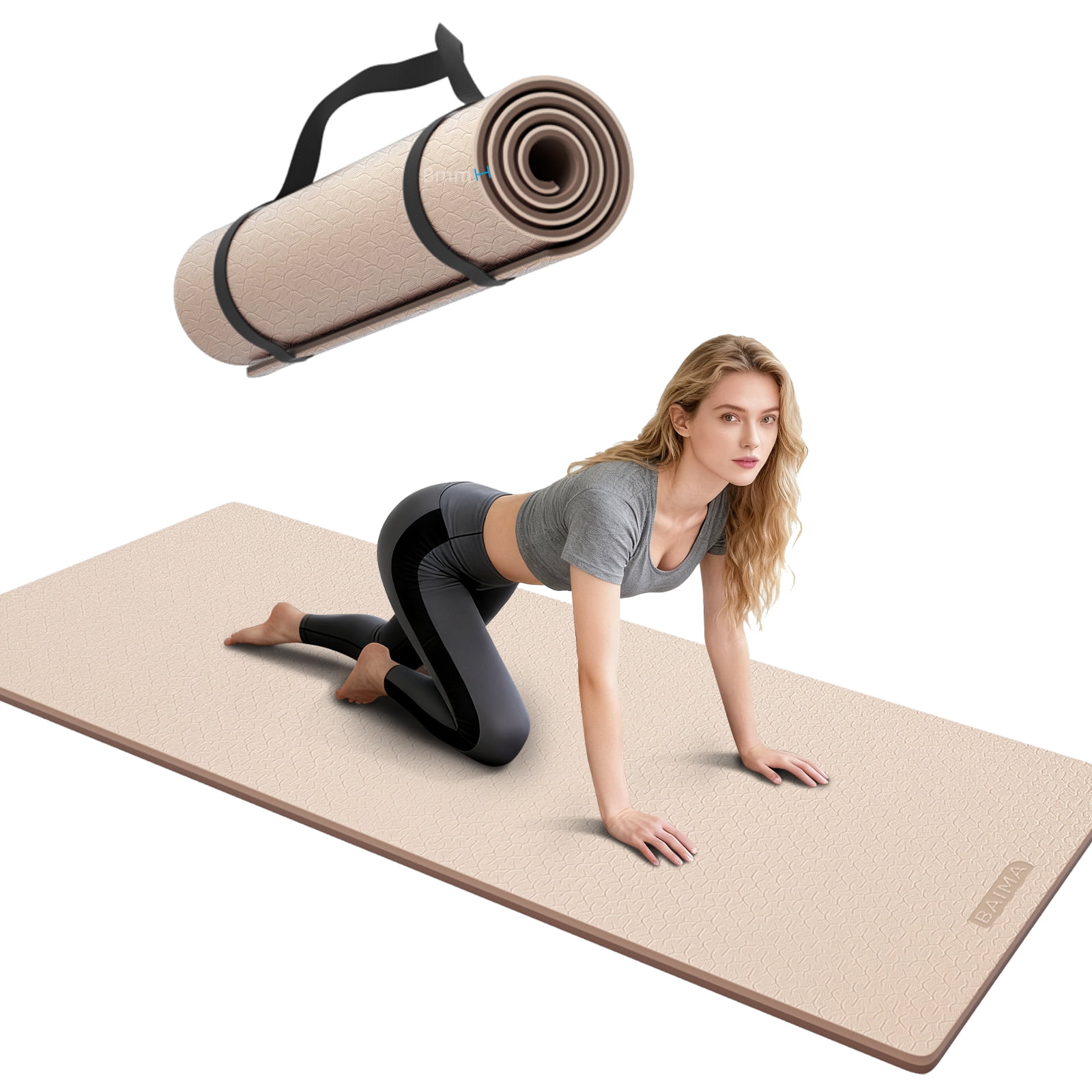 BAIMA Workout Mat Thick 8mm,Roll-up Pilates Mats Wide,Non Slip Matt,Eco Friendly TPE for Home,Gym,office,Floor Exercise,71"x 24"(Brown+Apricot)
