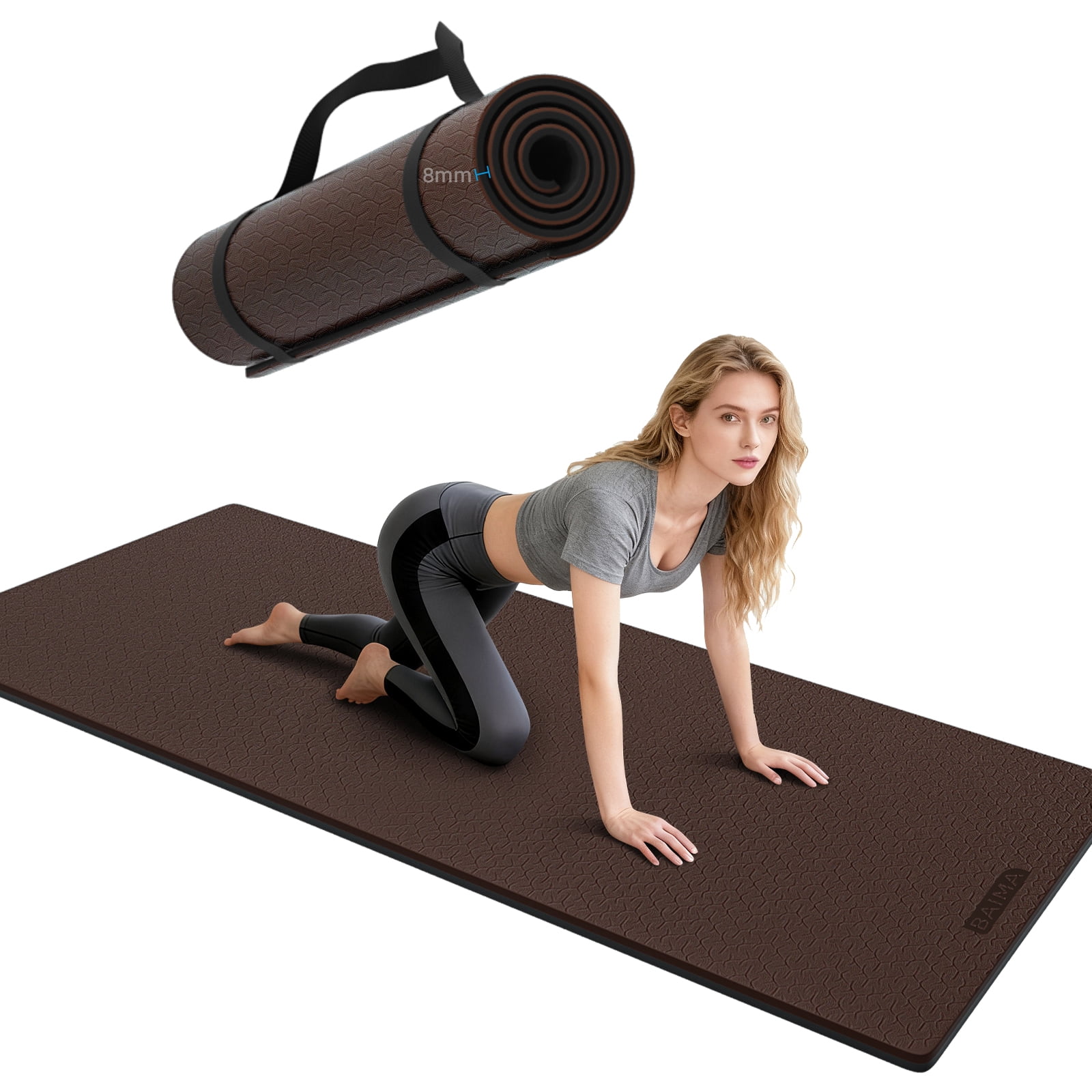 BAIMA Workout Mat Thick 8mm,Roll-up Pilates Mats Wide,Non Slip Matt,Eco Friendly TPE for Home,Gym,office,Floor Exercise,71"x 24"(Darkbrown+Black)