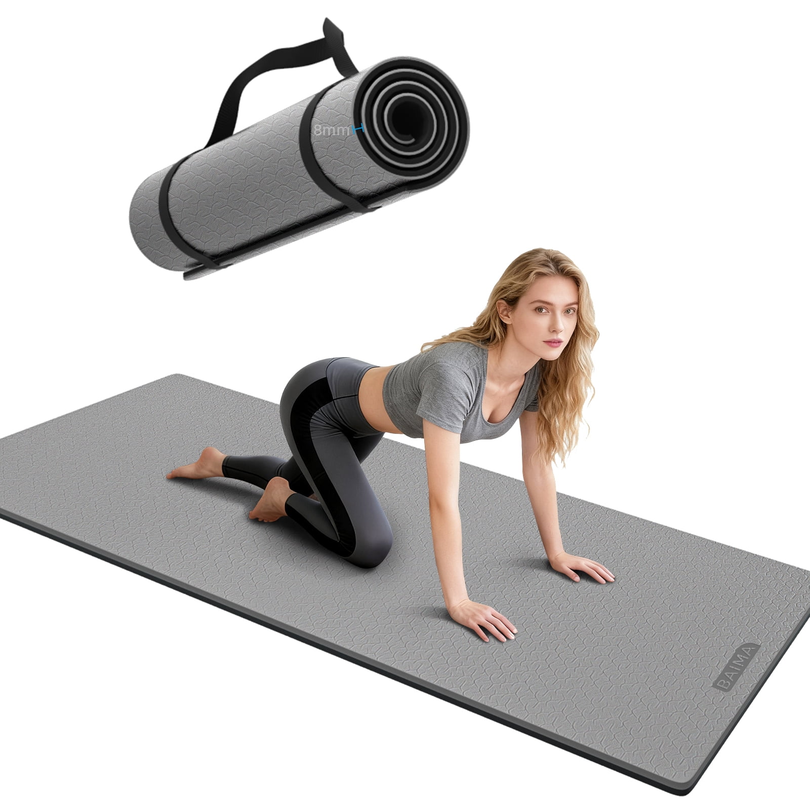 BAIMA Workout Mat Thick 8mm,Roll-up Pilates Mats Wide,Non Slip Matt,Eco Friendly TPE for Home,Gym,office,Floor Exercise,71"x 24"(Lightgrey+Black)