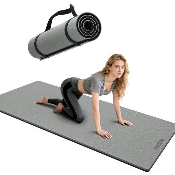 BAIMA Workout Mat Thick 8mm,Roll-up Pilates Mats Wide,Non Slip Matt,Eco Friendly TPE for Home,Gym,office,Floor Exercise,71"x 24"(Lightgrey+Black)