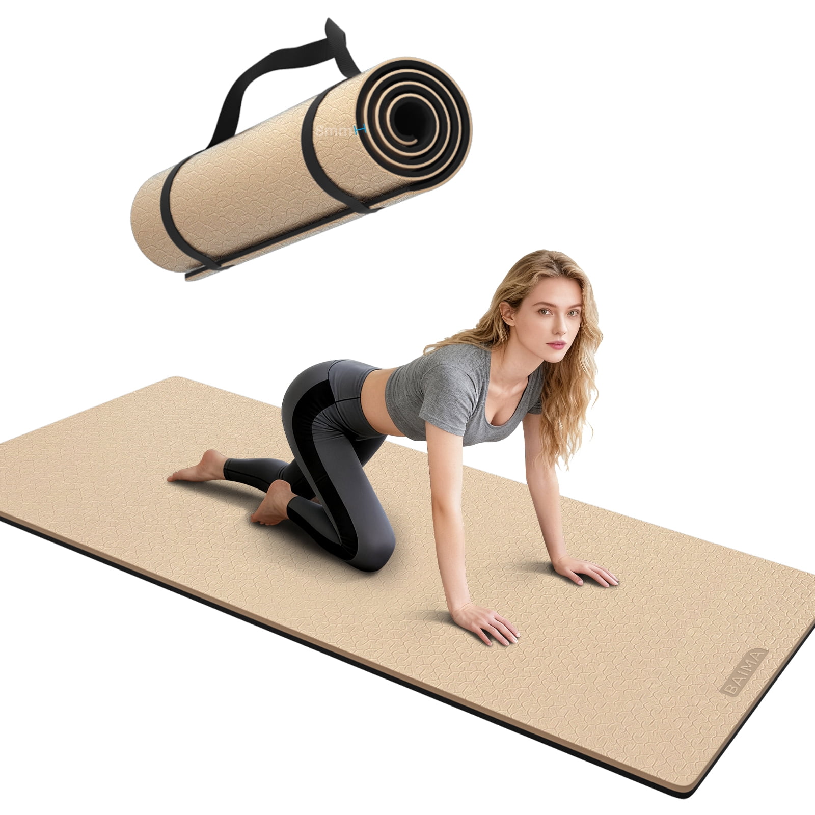 BAIMA Workout Mat Thick 8mm,Roll-up Pilates Mats Wide,Non Slip Matt,Eco Friendly TPE for Home,Gym,office,Floor Exercise,71"x 24"(Milkcoffee+Black)