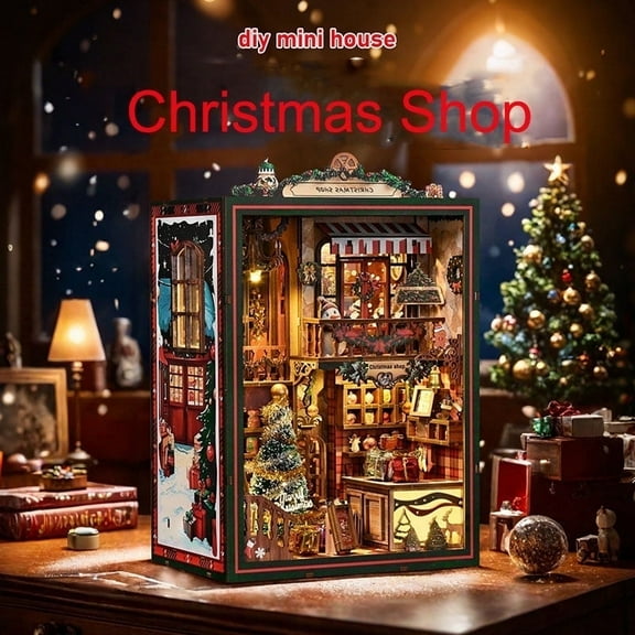 ROMYSE Christmas DIY Book Nook Kit with LED Lights & Music Box, 3D Wooden Puzzle Bookshelf Insert Miniature Dollhouse, Holiday Book Nook Kits for Adults & Teens, Perfect Home Decoration and Gift