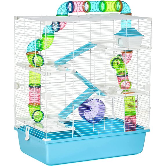 BAIVAKON Extra Large 23" Hamster Cage with Tubes and Tunnels, Portable Carry Handles, Rat House and Habitats Big 5-Tier Design, Mouse Cage Includes Exercise Wheel, Water Bottle, Food Dish, Light Blue