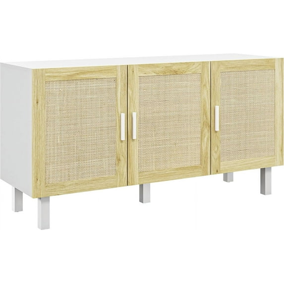 BAIVAKON Sideboard Buffet Cabinet, Kitchen Cabinet, Coffee Bar Cabinet with 3 Rattan Doors and Adjustable Shelves, White and Natural