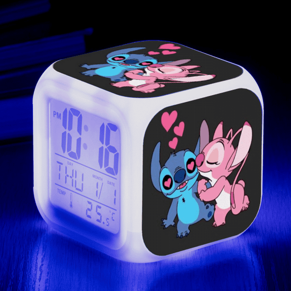 Hfnggwee Digital Alarm Clock for Kids, Cartoon Stitch Pattern 7 LED Color Changing Wake Up Clock with Thermometer Function and Night Light, Gift for Boys Girls A93-1840 NZ113-555