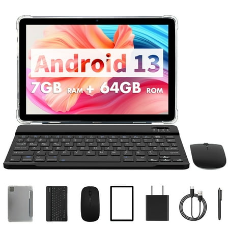 BAKEN 10in Android 13 Tablet 3+4GB RAM 64GB ROM 800 x 1280 IPS HD Touchscreen Tablet, Quad-Core Processor, 2.4G&5G WiFi6 Google Play Tablet,Keyboard&Mouse(Black)