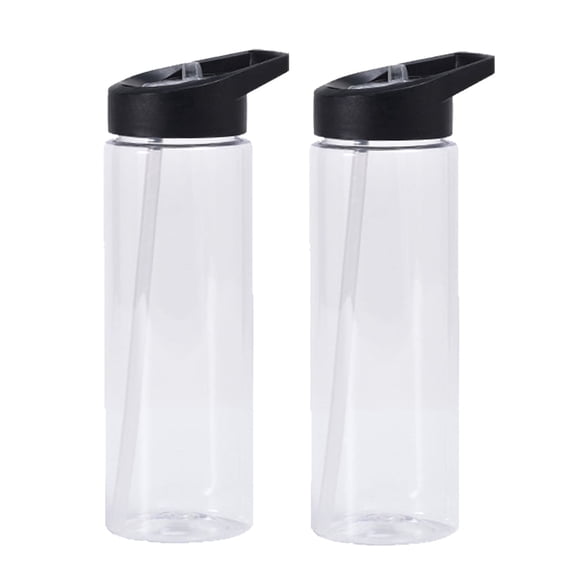 BAKER DEPOT 2PCS Plastic Water Bottle 24 oz with Inside Straw - Screw-On Cap Flip Top Nozzle Mechanism - Slim Translucent Body (Clear)