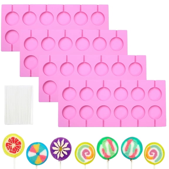 BAKER DEPOT 4Pcs 12-Capacity Round Chocolate Hard Candy Silicone Lollipop Molds with 50 Count Lollypop Sucker Sticks for Halloween Christmas Parties