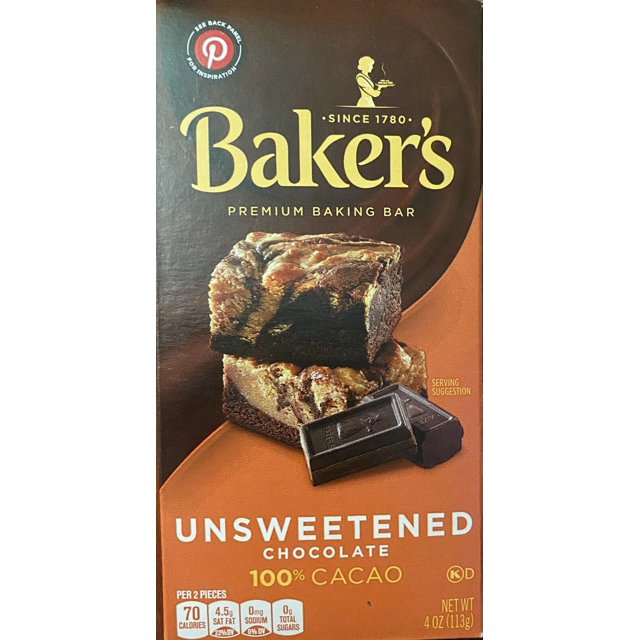BAKER'S Unsweetened Chocolate 100 CACAO Bar 4oz 1 Premium Baking Bar