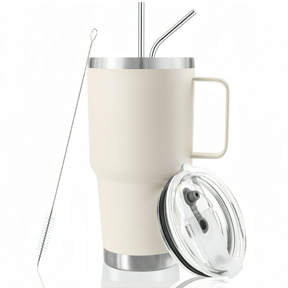 BAKIBO 30 oz Tumbler with Handle, Double Wall Stainless Steel Vacuum Insulated Travel Mug with Splash-Proof Lid Metal Straw and Brush (White)