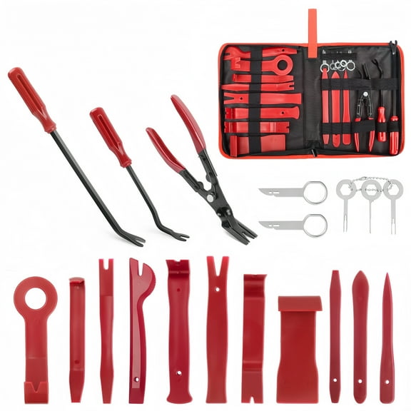 BAKIBO Auto Trim Removal Tool Kit, 19 Pcs No Scratch Pry Tool Set for Car Panel and Dashboard Removal, Includes Door Panel Tool, Push Rivets, Car Clips, Essential for Interior Trim Work, Red