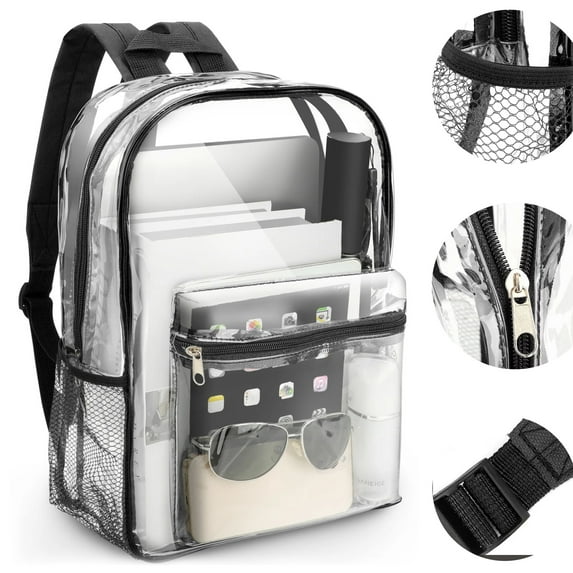 BAKIBO Clear Backpack, Heavy Duty PVC Transparent Backpack, See Through Bookbag for Stadium,Travel, School, Black