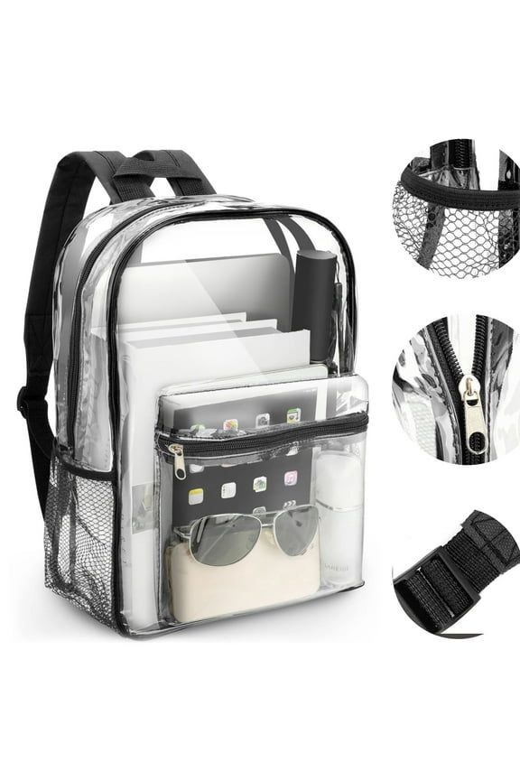Clear Backpack, Heavy Duty PVC Transparent Backpack, See Through Bookbag for Stadium,Travel, School, Black