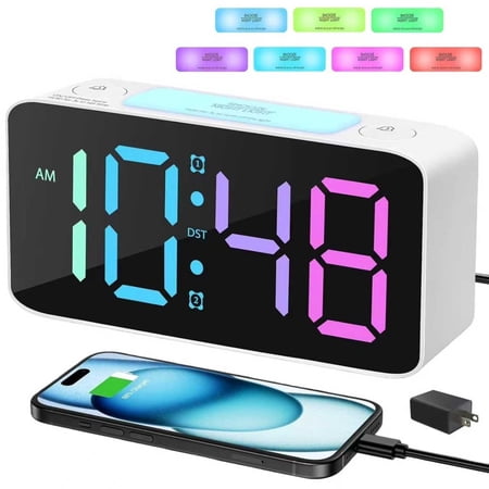 BAKIBO Extra Loud Alarm Clock for Heavy Sleepers, 6.3" Digital Bedroom Clock with 15 Dynamic RGB Colors, 7-Color Night Light, Dual Alarms, USB Charger Ports for Kids Adults Teens, White