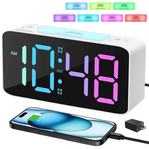BAKIBO Extra Loud Alarm Clock for Heavy Sleepers, 6.3" Digital Bedroom Clock with 15 Dynamic RGB Colors, 7-Color Night Light, Dual Alarms, USB Charger Ports for Kids Adults Teens, White