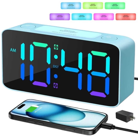 BAKIBO Extra Loud Alarm Clock for Heavy Sleepers, 6.3" Digital Bedroom Clock with 15 Dynamic RGB Colors, 7-Color Night Light, Dual Alarms, USB Charger Ports for Kids Adults Teens, Blue