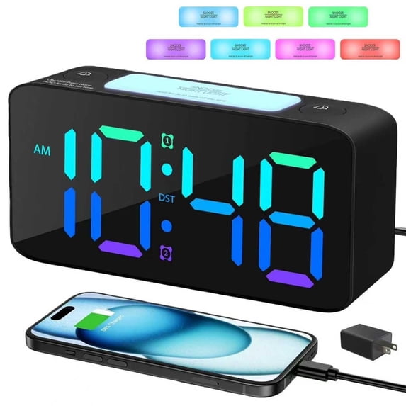 BAKIBO Extra Loud Alarm Clock for Heavy Sleepers, 6.3" Digital Bedroom Clock with 15 Dynamic RGB Colors, 7-Color Night Light, Dual Alarms, USB Charger Ports for Kids Adults Teens, Black