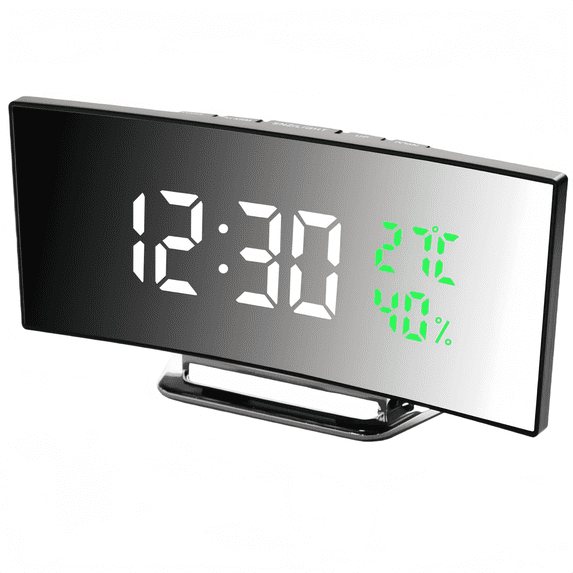 BAKIBO Digital Alarm Clock, LED Alarm Clock with Large Curved Screen, Bedside Clock with Temperature and Humidity Display, Adjustable Brightness, Loud Alarm Clock for Kids Adults Bedroom