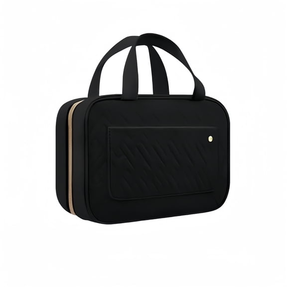 BAKIBO Large Capacity Makeup Bag, Portable Hanging Organizer for Full-Sized Shampoo, Travel Make Up Bags for Women, Portable Leather Waterproof Toiletry Bags with Removable Divider (Black)
