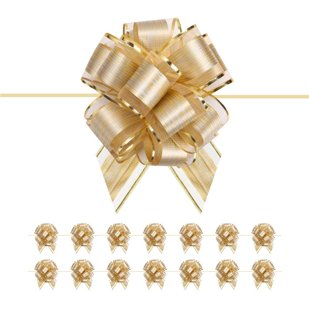 BAKIPACK 15 Gold Gift Bows, 6 inches Large Gift Pull Bows for Presents, Gift Bows Bulk for Baskets