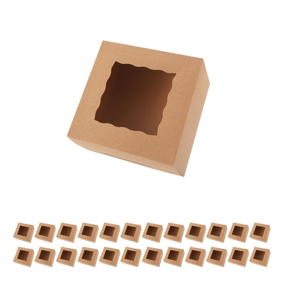 BAKIPACK 25 Kraft Bakery Boxes 6x6x4 inches, Cookies Boxes with Window, Treat Boxes for Pastry