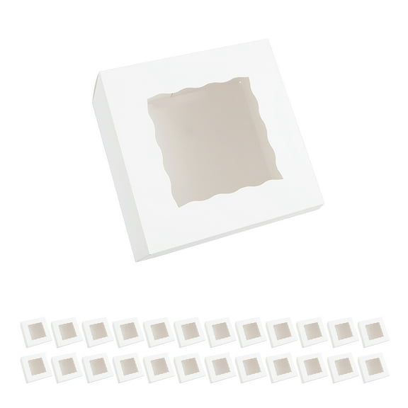 BAKIPACK 25 White Bakery Boxes 6x6x4 inches, Cookies Boxes, Cake Boxes with Window, Boxes for Pastry