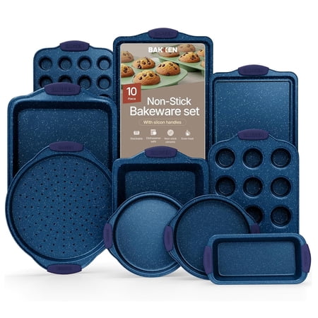 Bakken- Swiss Kitchen Baking Pan Set - Nonstick Coating, Carbon Steel Bakeware Sets with Blue Silicone Handles, Baking Kitchen Essentials, Oven Safe Tray (Up To 450° F), Set of 10