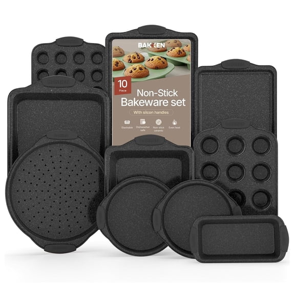 Bakken- Swiss Kitchen Baking Pan Set - Nonstick Coating, Carbon Steel Bakeware Sets with Gray Silicone Handles, Baking Kitchen Essentials, Oven Safe Tray (Up To 450° F), Set of 10