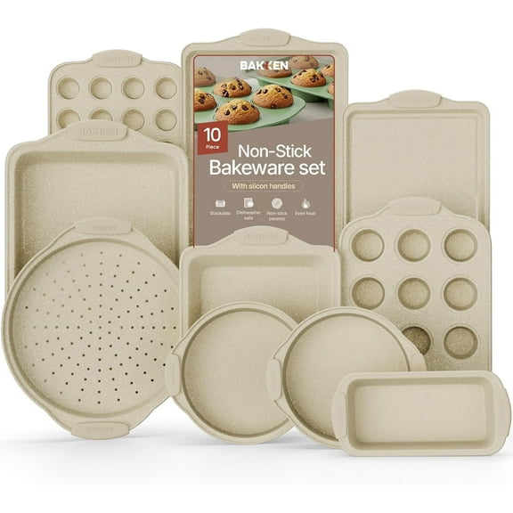 Bakken- Swiss Deluxe 10 -Piece Carbon Steel Bakeware Set - Nonstick White Marble Coating, Silicone Handles - Professional Quality Kitchen Oven Baking Pans