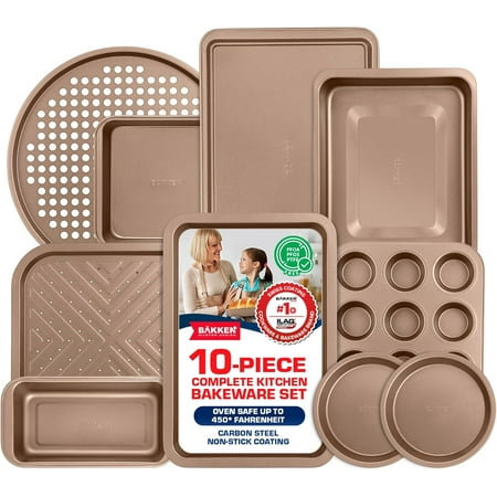 Bakken- Swiss 10-Piece Kitchen Baking Pan Set - Commercial Grade Carbon Steel Bakeware with Nonstick Coating, Stackable and Space-Saving Design, Oven Safe Tray (up to 450°F), Brown