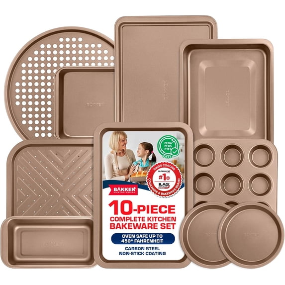 Bakken- Swiss 10-Piece Kitchen Baking Pan Set - Commercial Grade Carbon Steel Bakeware with Nonstick Coating, Stackable and Space-Saving Design, Oven Safe Tray (up to 450°F), Brown