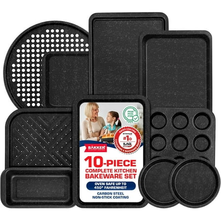 Bakken- Swiss 10-Piece Kitchen Baking Pan Set - Commercial Grade Carbon Steel Bakeware with Nonstick Coating, Stackable and Space-Saving Design, Oven Safe Tray (up to 450°F), Gray Marble