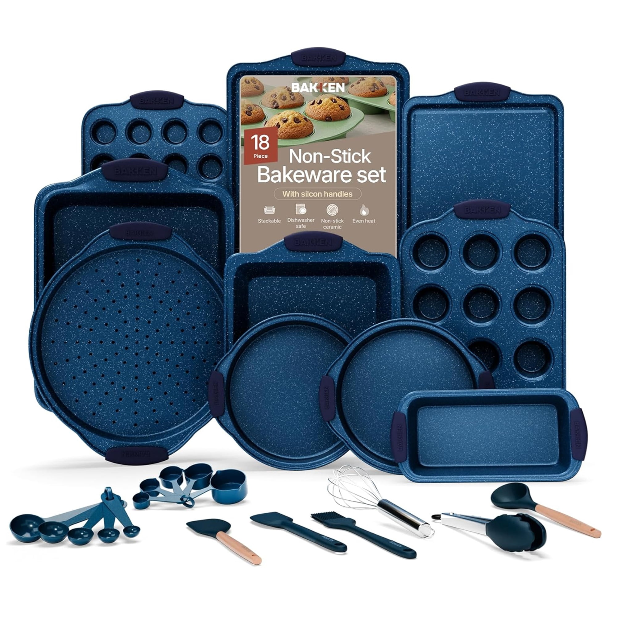 Bakken- Swiss Kitchen Baking Pan Set - Nonstick Coating, Carbon Steel Bakeware Sets with Blue Silicone Handles, Baking Kitchen Essentials, Oven Safe Tray (Up To 450° F), Set of 18