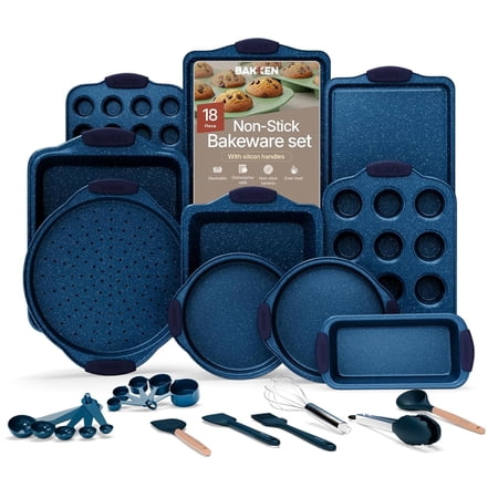 Bakken- Swiss Kitchen Baking Pan Set - Nonstick Coating, Carbon Steel Bakeware Sets with Blue Silicone Handles, Baking Kitchen Essentials, Oven Safe Tray (Up To 450° F), Set of 18