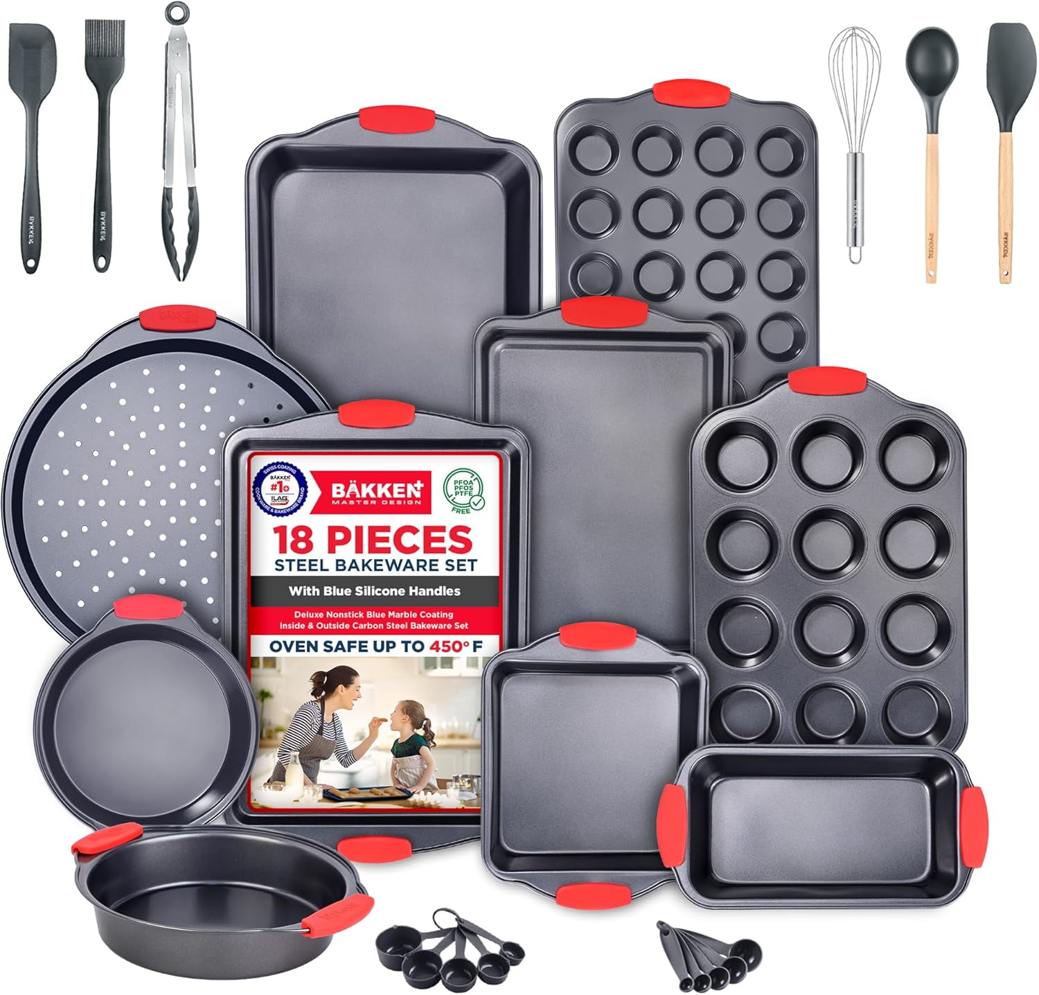BAKKEN Nonstick Carbon Steel Bakeware Set with Red Silicone Handles, 18 Pieces