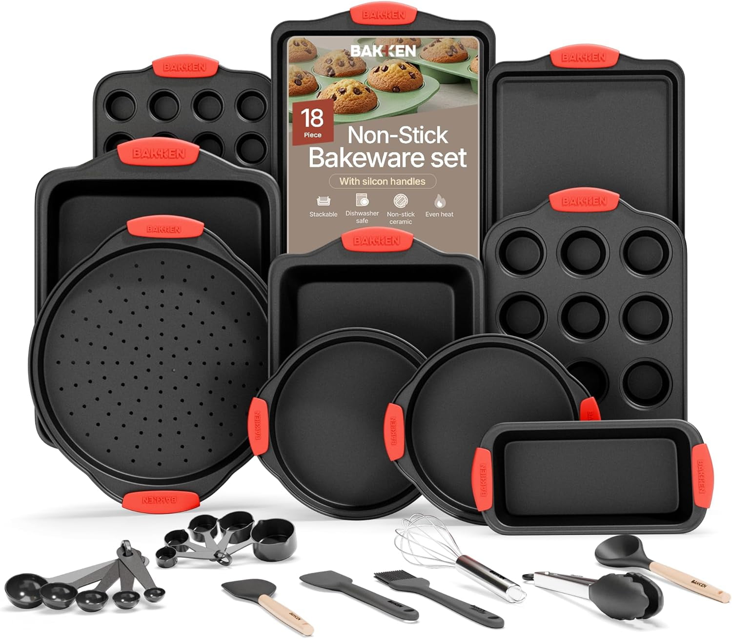 Bakken- Swiss Kitchen Baking Pan Set - Nonstick Coating, Carbon Steel Bakeware Sets with Red Silicone Handles, Baking Kitchen Essentials, Oven Safe Tray (Up To 450° F), Set of 18