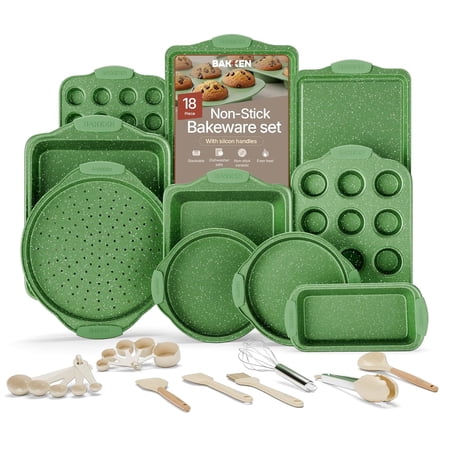 Bakken- Swiss Kitchen Baking Pan Set - Nonstick Green Marble Coating, Carbon Steel Bakeware Sets with Green Silicone Handles, Kitchen Essentials, Oven Safe (Up To 450° F), Set of 18
