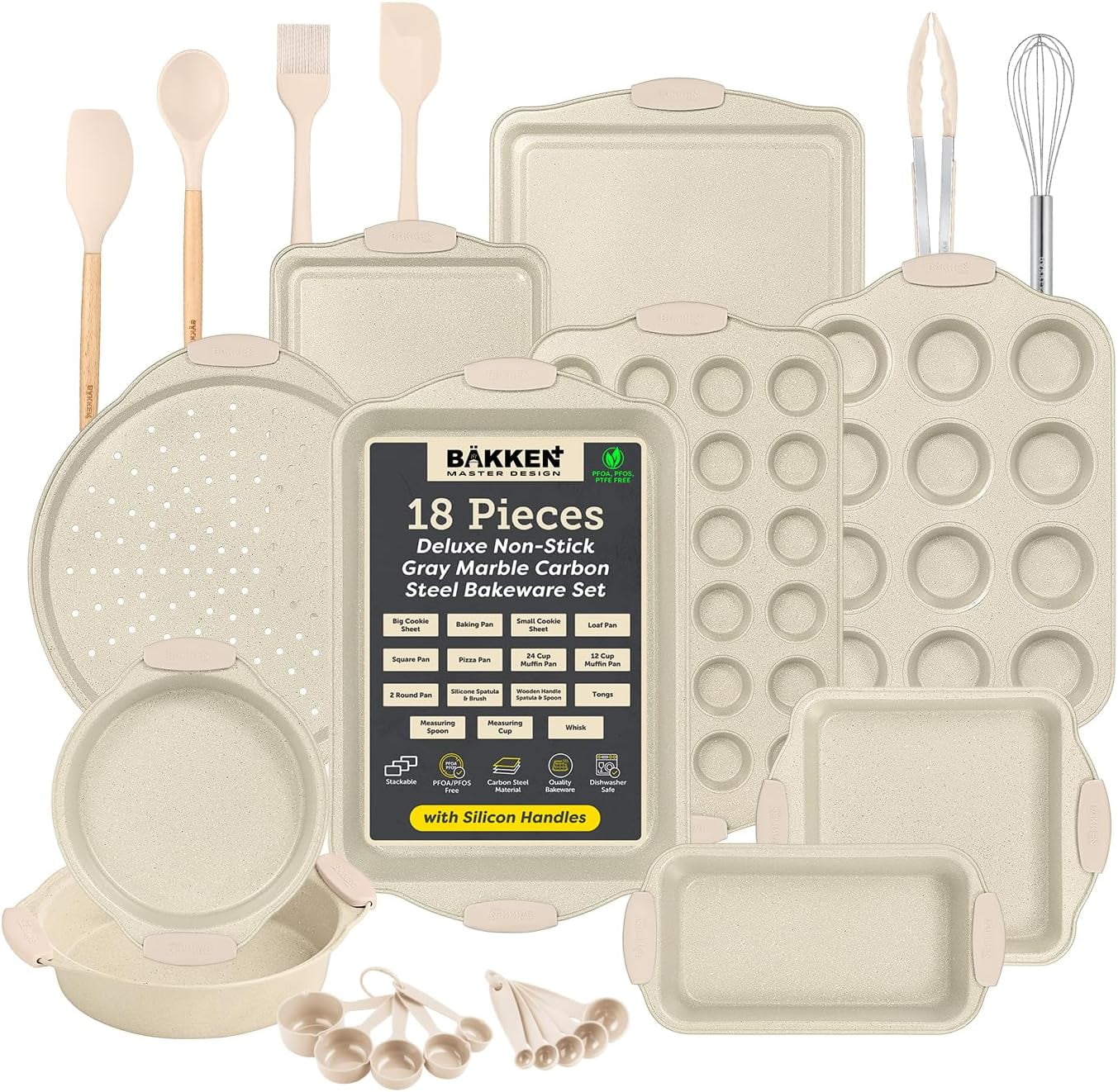 Bakken 18-Piece Nonstick Carbon Steel Bakeware Set with Red Silicone Handles