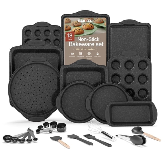 Bakken- Swiss 18-Piece Kitchen Oven Baking Set Nonstick Gray Marble Coating, Carbon Steel Bakeware, Silicone Handles, Dishwasher Safe