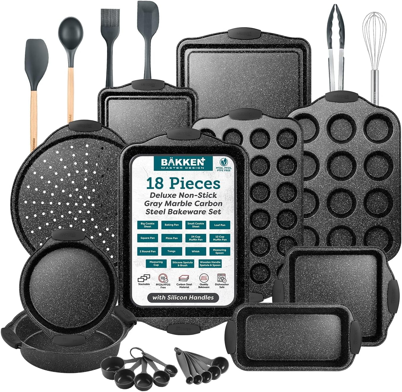 BAKKEN 18-Piece Nonstick Gray Marble Carbon Steel Bakeware Set with Silicone Handles