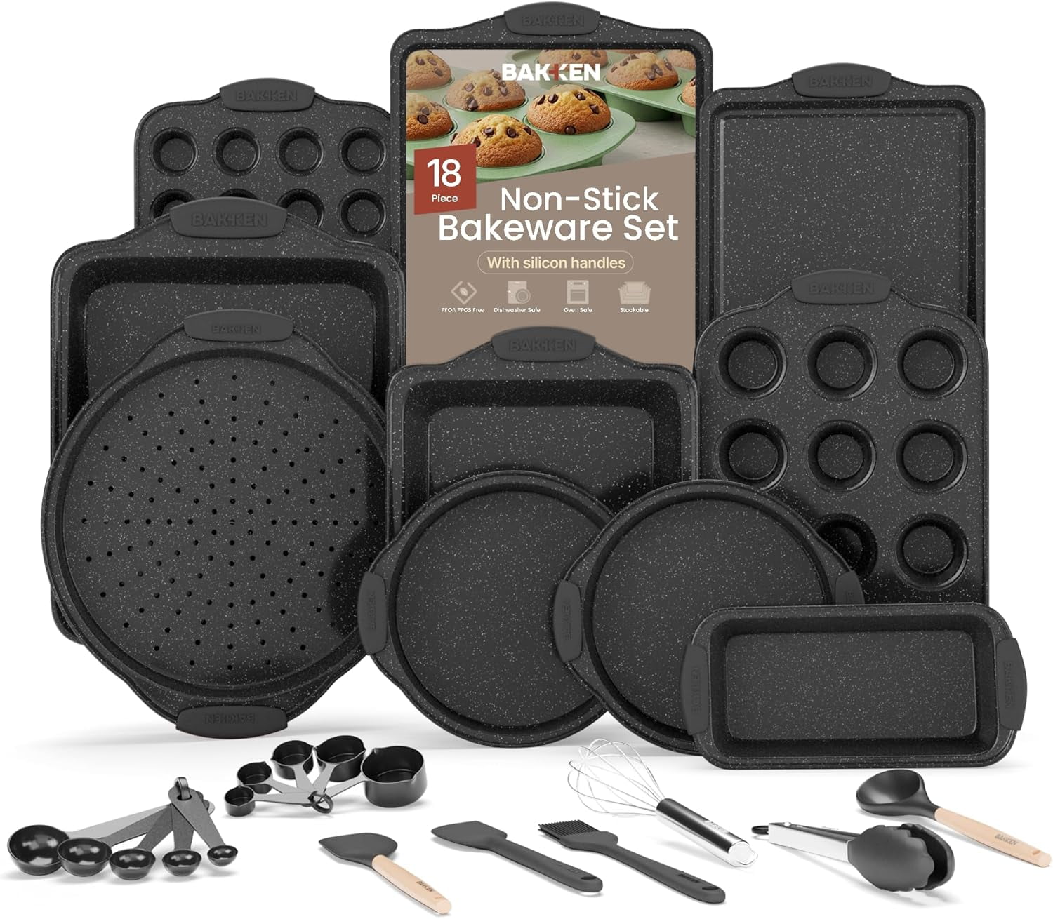 Bakken- Swiss 18-Piece Kitchen Oven Baking Set Nonstick Gray Marble Coating, Carbon Steel Bakeware, Silicone Handles, Dishwasher Safe