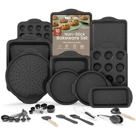 Bakken- Swiss 18-Piece Kitchen Oven Baking Set Nonstick Gray Marble Coating, Carbon Steel Bakeware, Silicone Handles, Dishwasher Safe